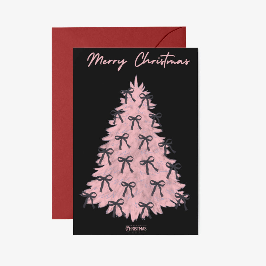 Random Stuffs - Black Ribbon Pink Christmas Tree Postcard & Envelope Set