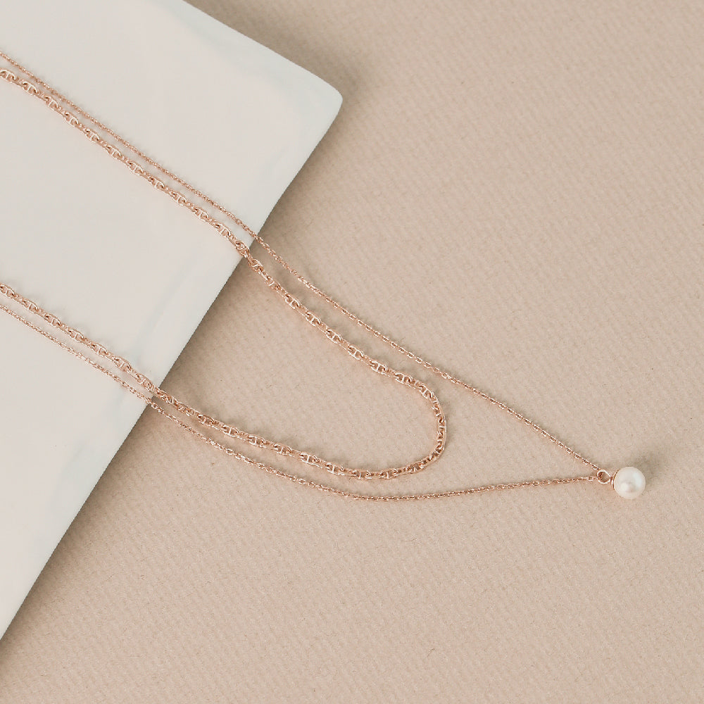 CLUE - Layered Chain Integrated Pearl Silver Necklace