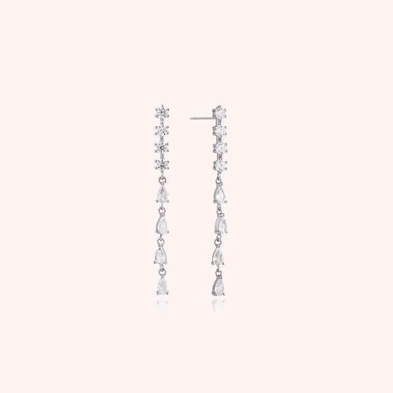 CLUE - Cubic Petal Long Drop Silver Earrings