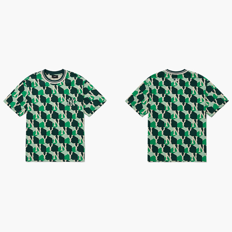 MLB Korea Checkerboard Front Pattern Crop Short Sleeve Tee Shirt NY Yankees Green