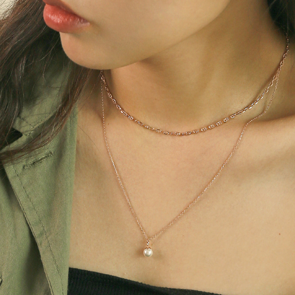 CLUE - Layered Chain Integrated Pearl Silver Necklace