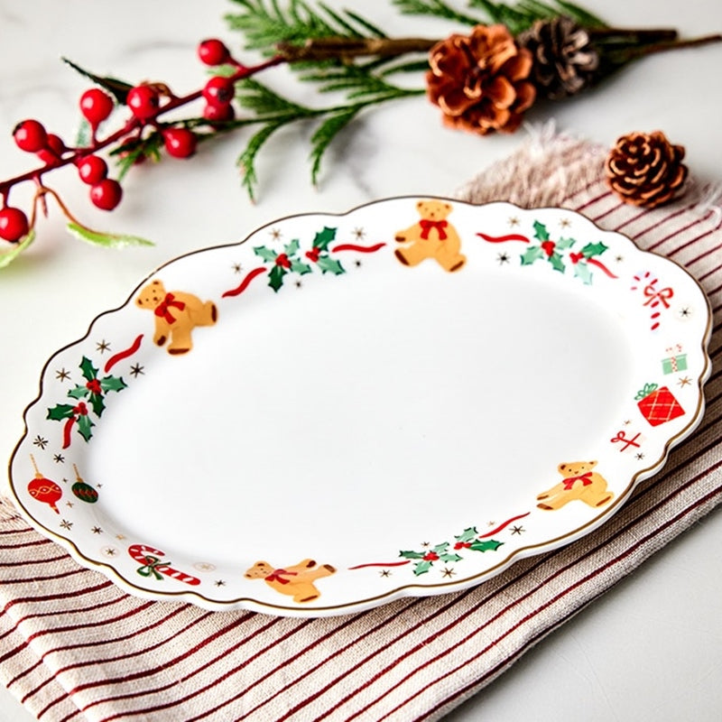 Korean Winter Story - Scallop Gold Rim Oval Dessert Plate