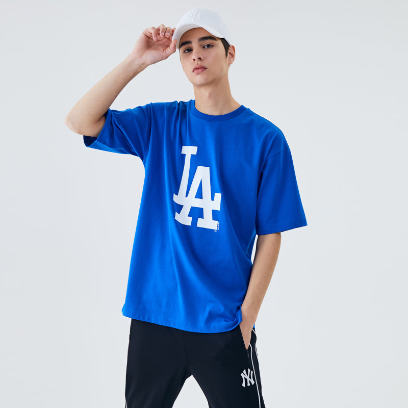 MLB Korea Unisex Classic Monogram Front Pattern Short Sleeve Tee Shirt La Dodgers Cobalt Blue