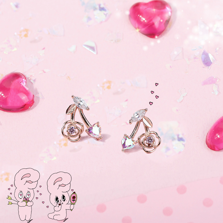 Clue X Esther Bunny - YoungLong Cherry Aurora Heart Silver Earrings