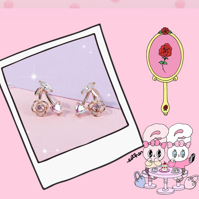 Clue X Esther Bunny - YoungLong Cherry Aurora Heart Silver Earrings