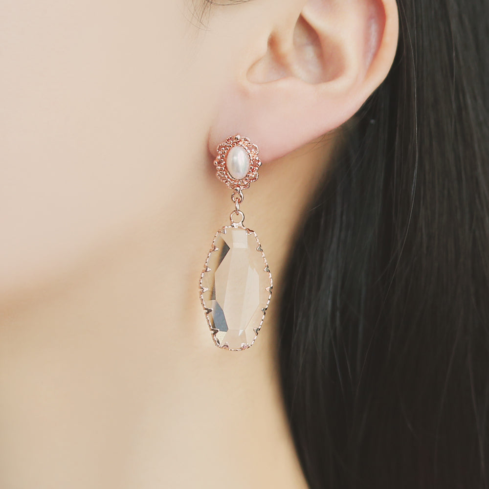 OST - Transparent Cubic Drop Antique Pearl Rose Gold Earrings