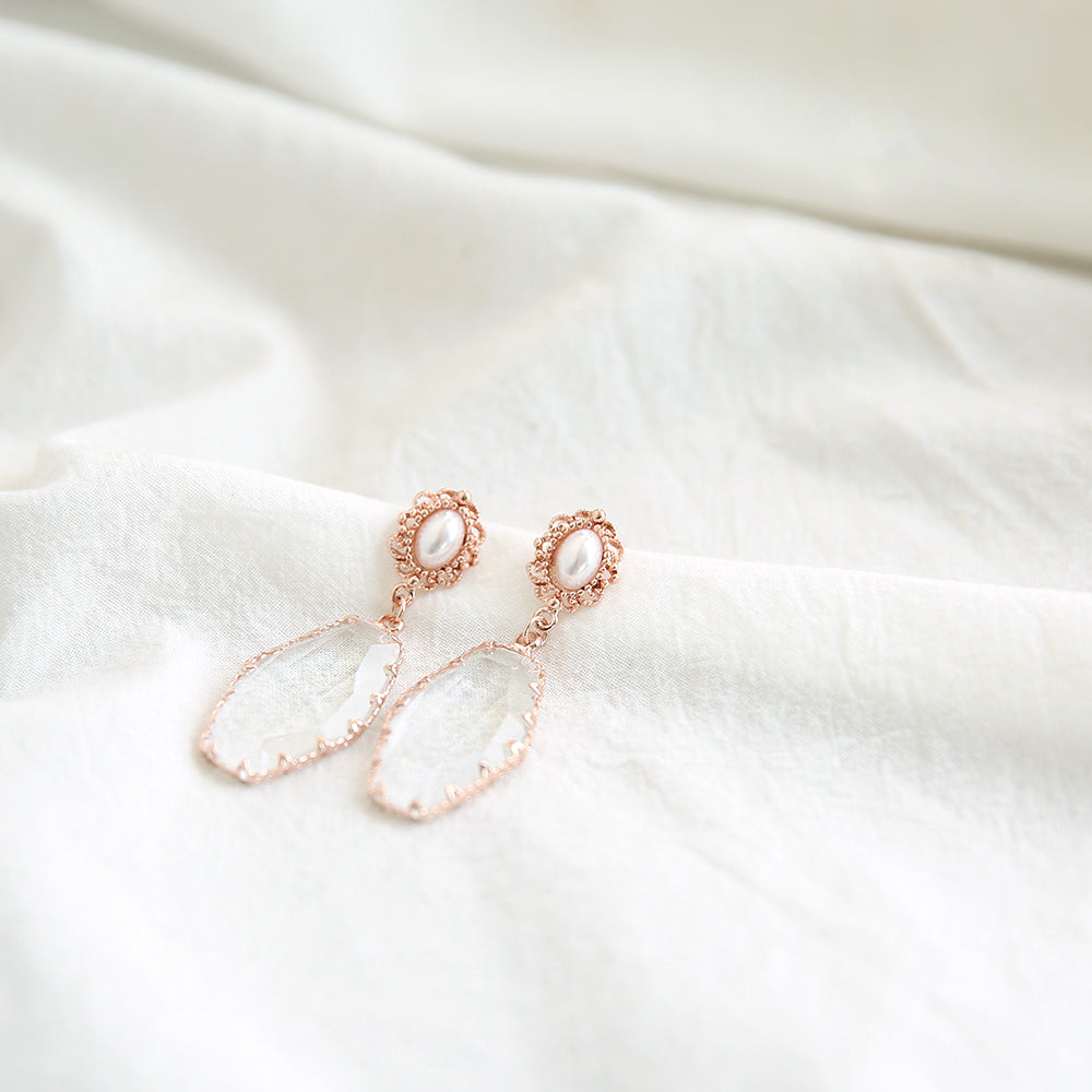 OST - Transparent Cubic Drop Antique Pearl Rose Gold Earrings