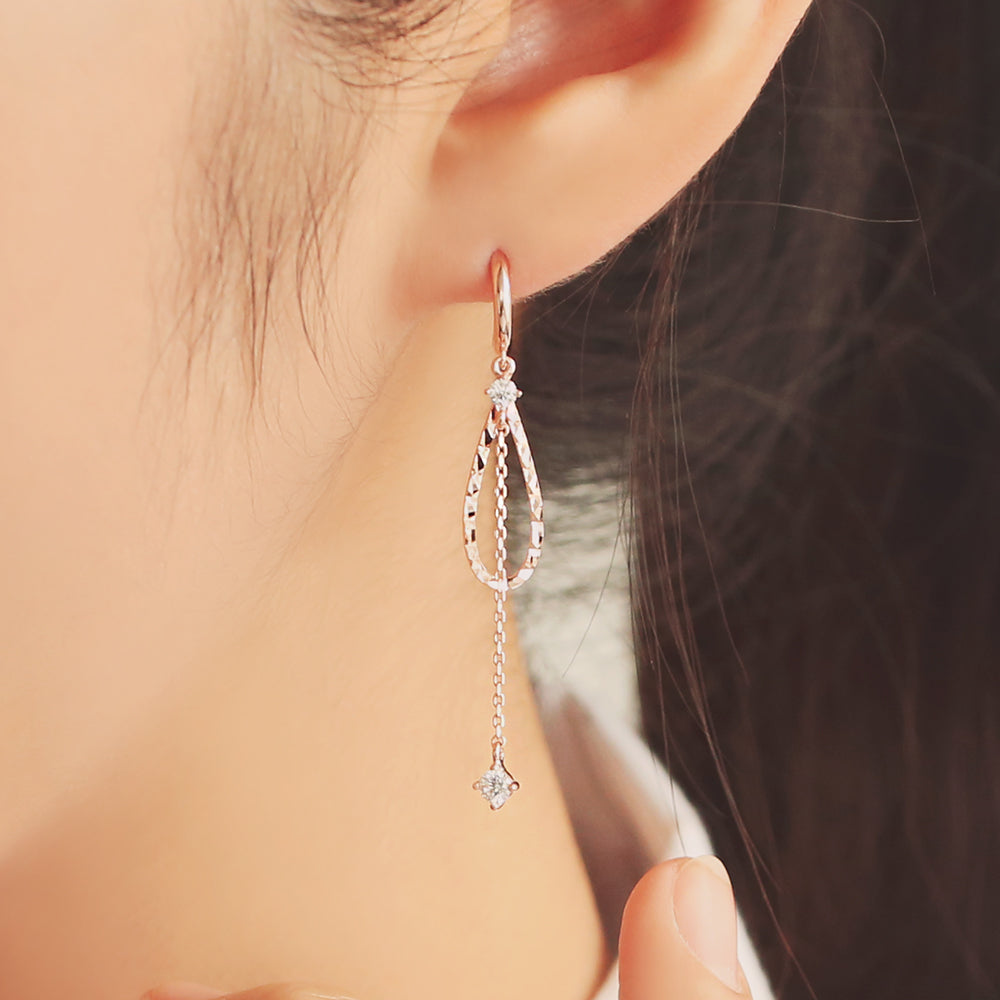 OST - Water Drop Charm Chain Long Silver Drop Earrings