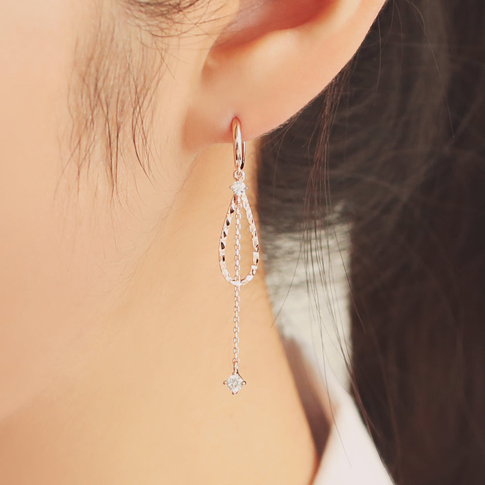 OST - Water Drop Charm Chain Long Silver Drop Earrings