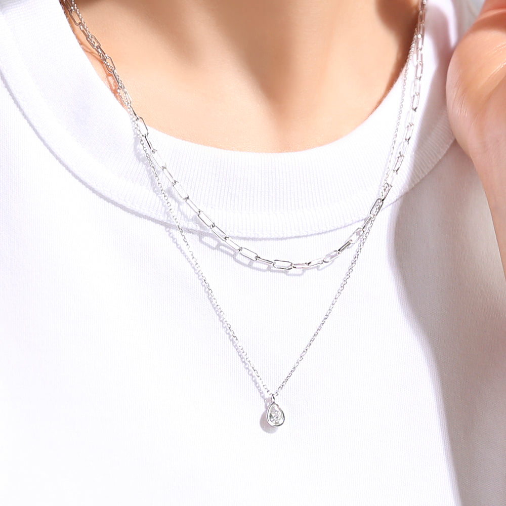 OST - Double Chain Water Drop Cubic Silver Necklace