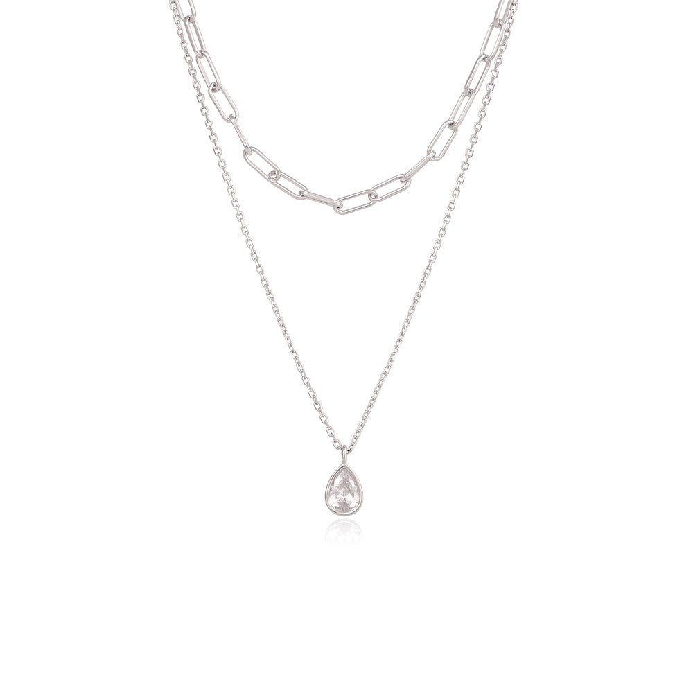 OST - Double Chain Water Drop Cubic Silver Necklace