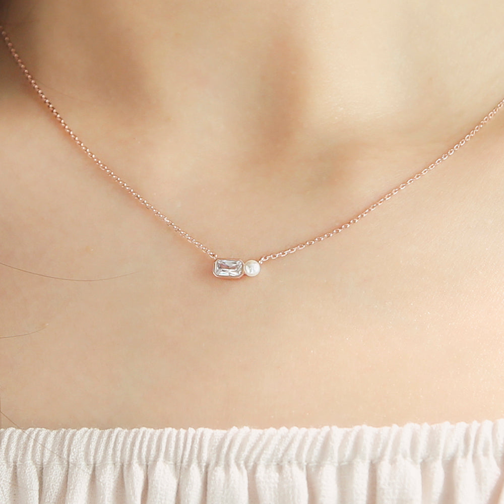 OST - Square Cubic and Pearl Silver Necklace