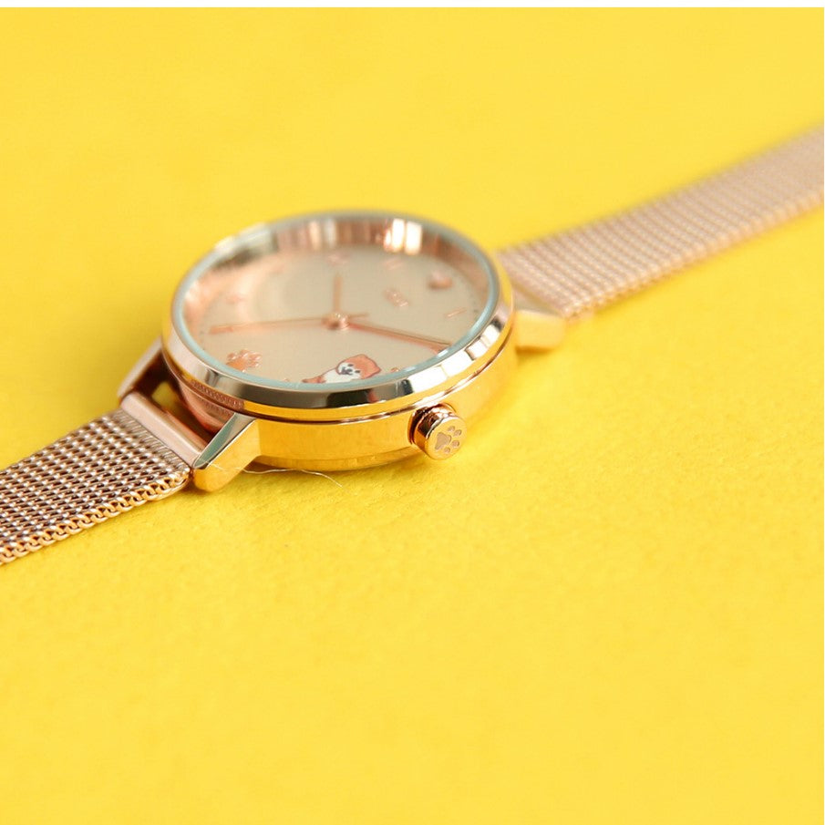 OST - My Little Friends - Pomeranian Rose Gold Mesh Metal Watch