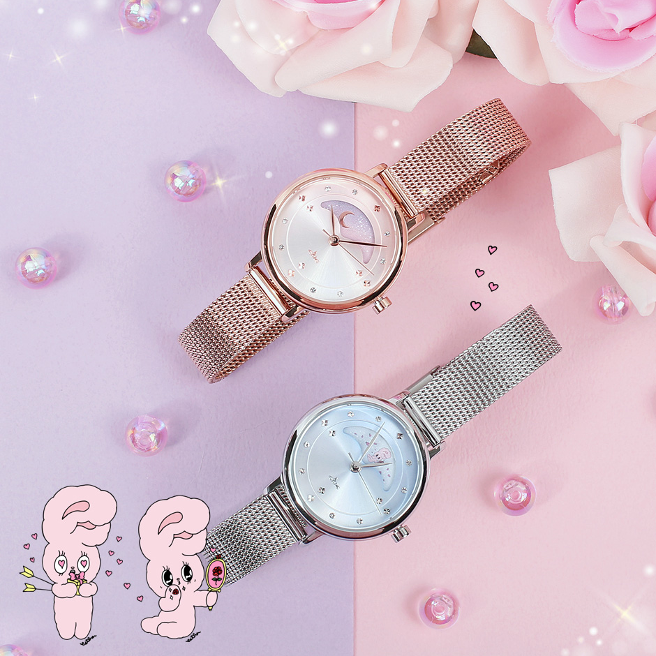 Clue X Esther Bunny - Beautiful Bunny Moon Phase Rose Gold Mesh Watch