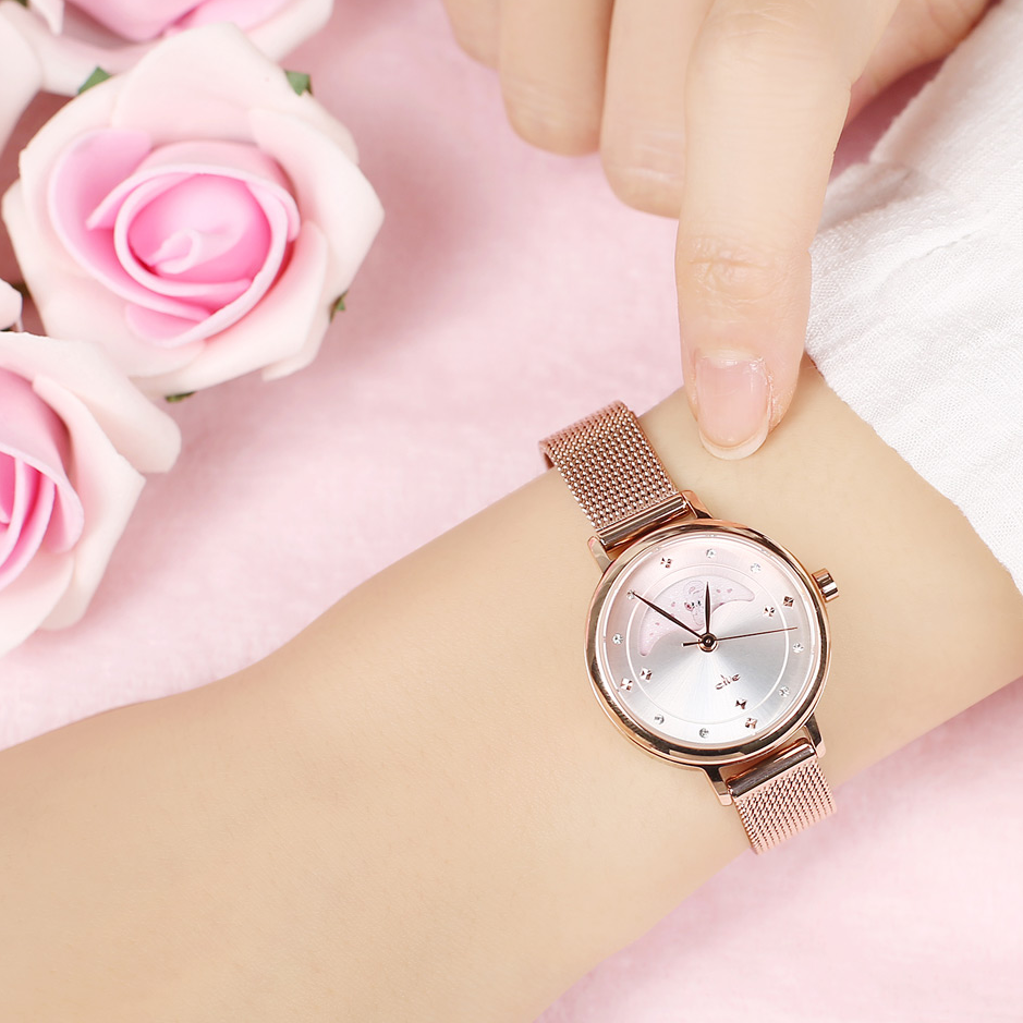 Clue X Esther Bunny - Beautiful Bunny Moon Phase Rose Gold Mesh Watch