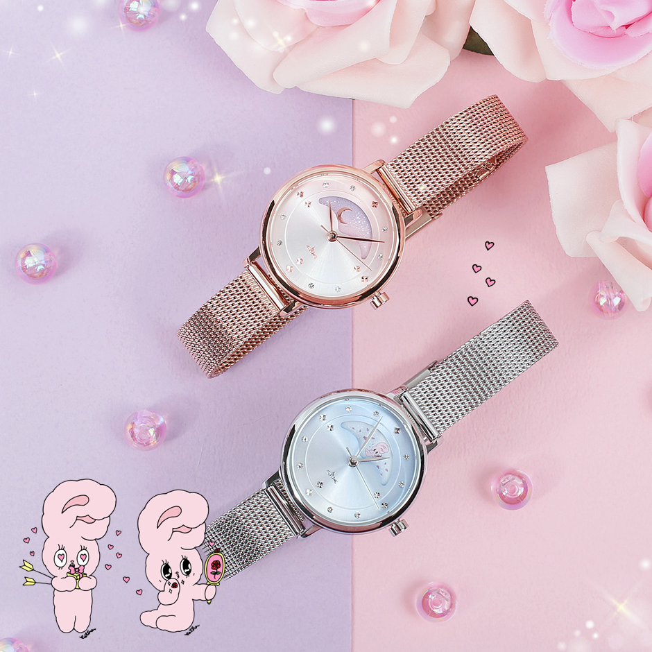 Clue X Esther Bunny - Beautiful Bunny Moon Phase Silver Mesh Watch